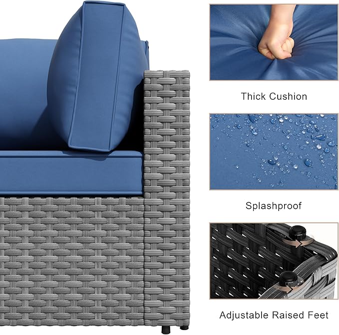 7-Piece Outdoor Patio Furniture Set, Modular PE Rattan Sectional Sofa with Thick Cushions & Glass Coffee Table, Weather-Resistant Wicker Conversation Set for Poolside, Balcony, Garden, Aegean Blue