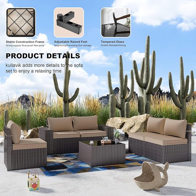Kullavik 9 Pieces Outdoor Patio Furniture Set,PE Wicker Rattan Sectional Sofa Patio Conversation Sets with Tempered Glass Table,Swivel Rocking Chairs Set,Sand
