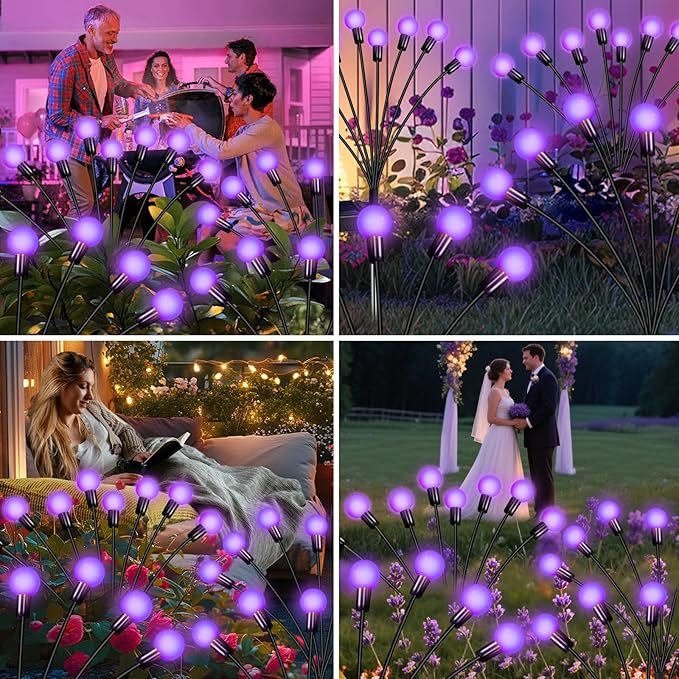 Solar Garden Lights 16 LEDs, Purple, 2 Pack 8 Heads, Outdoor Waterproof, Swaying Firefly Lights for Yard, Patio, Pathway, Lawn Decorations