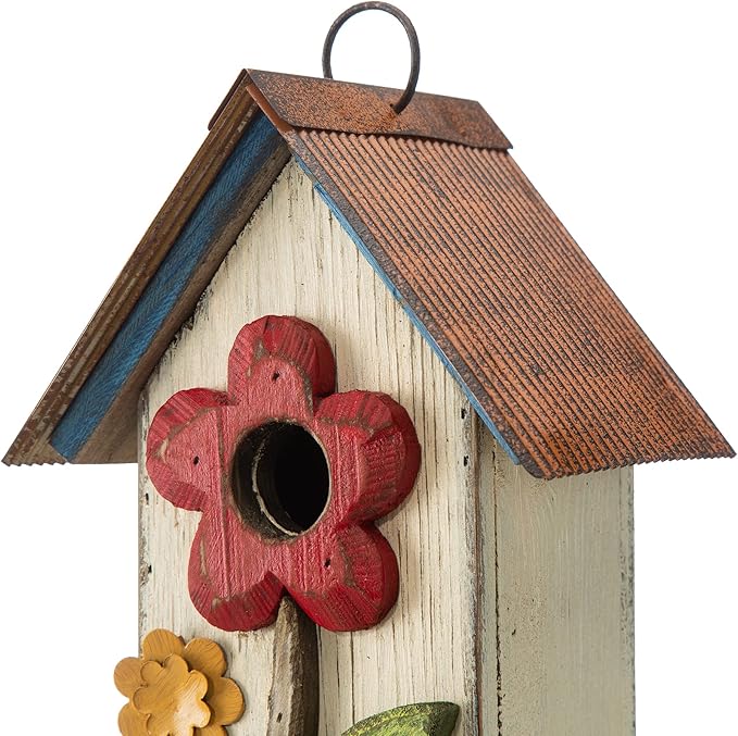 Glitzhome Bird House for Outdoor Hanging, 10.2" H Garden Decorative Birdhouse Pet Cottage Distressed Wooden Bird House for Outside, Bird Nest Box for Bluebird Wren Chickadee Sparrow, Flower White