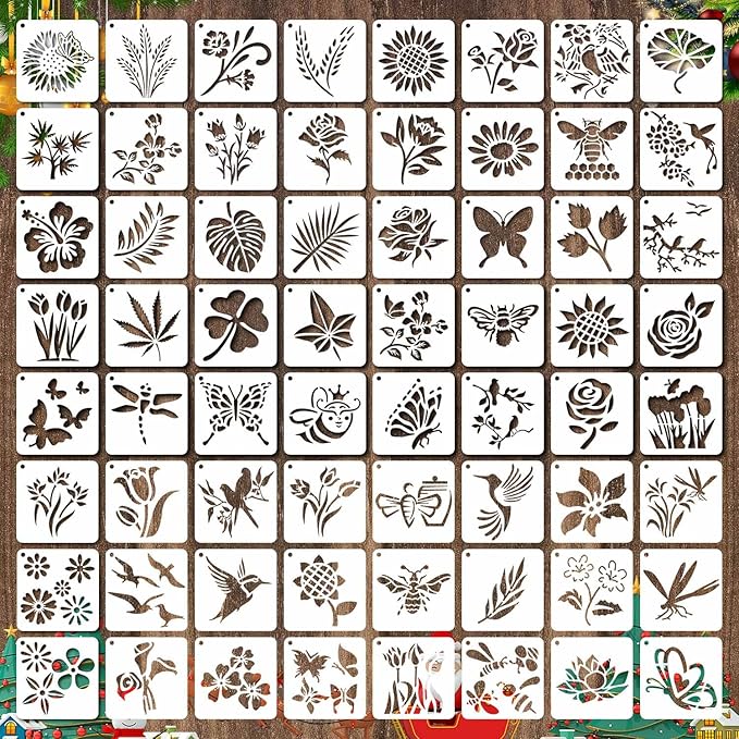 64 Pieces Stencils for Painting, Small Reusable Flower Plant Stencil, Art Craft Template for Painting on Wood, Wall, Fabric, Rock, Chalkboard, Sign, DIY Art Scrapbook Projects(Plants)