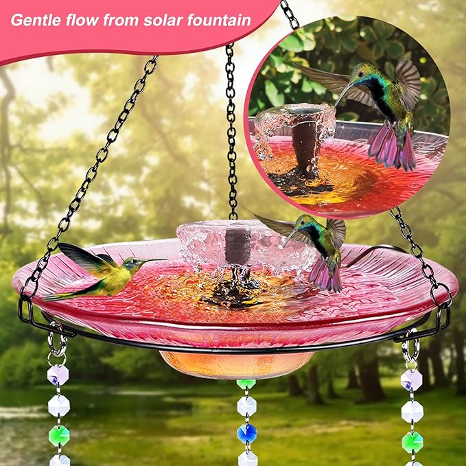 Hummingbird Feeder Glass with Hanging Bird Bath for Outside Combo Set,12 Fluid Ounces,Solar Hummingbird Bath with Fountain (11inch),Backyard, Patio Garden Yard Decoration (Red)