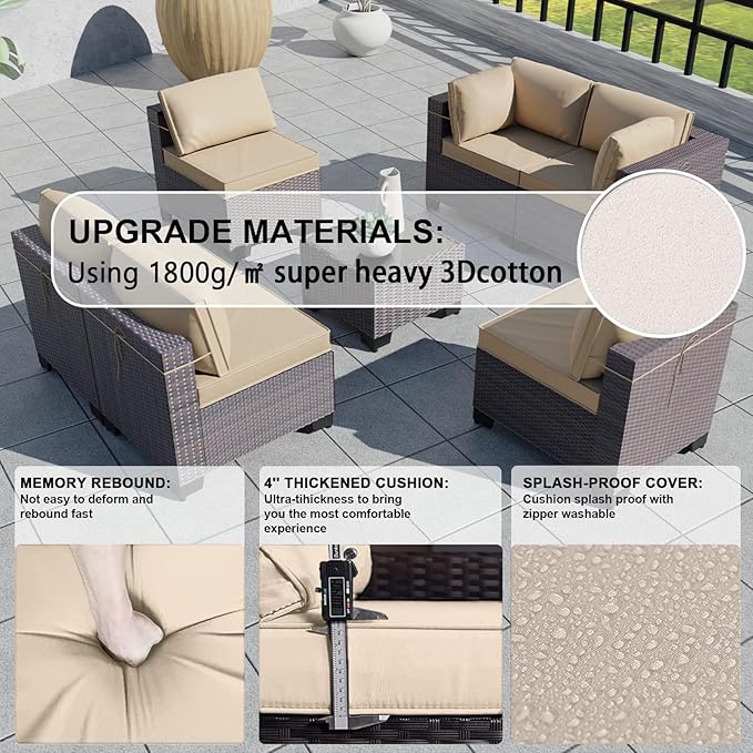 Kullavik 7 Pieces Outdoor Patio Furniture Set,Wicker Outdoor Sectional Sofa,All-Weather Patio Conversation Sets with Washable Thick Cushions & Coffee Table for Garden,Backyard,Balcony,Porch,Sand