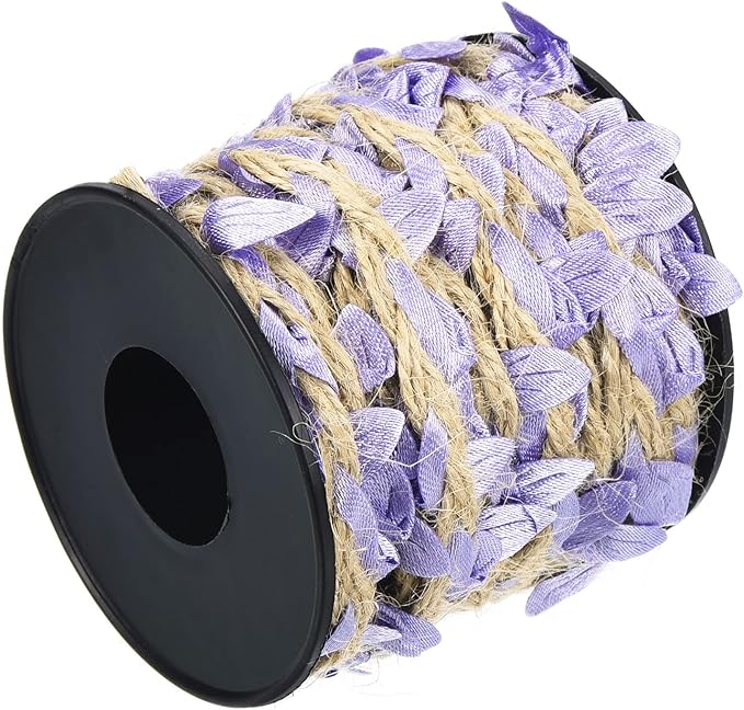 PATIKIL 33ft 5mm Burlap Leaf Ribbon, Braided Decoration Vine Natural Jute Rope Twine with Artificial Leaves for Jungle Wedding Party Home Garden Decor, Light Purple