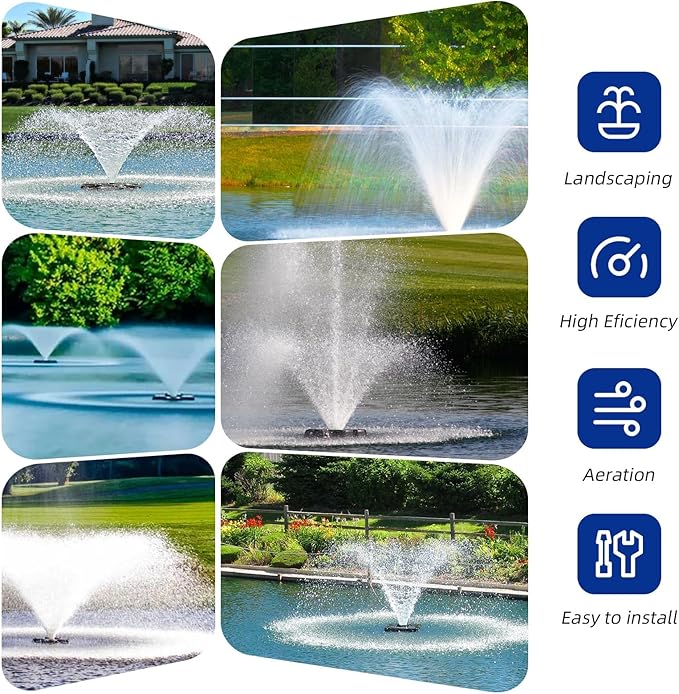 Floating Pond Fountain 1HP 110V 750W with 98Ft Power Cord, Featuring a Timer,2 Fountain nozzles,Metal Pond Waterfall Pump.
