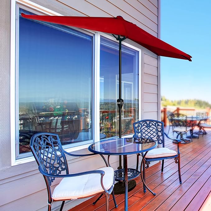 Half Umbrella - 9 ft Patio Umbrella with Easy Crank - Outdoor Patio Shade - Small Canopy for Balcony, Table or Deck by Pure Garden (Red)