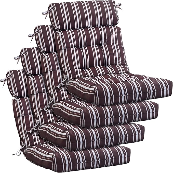 Barydat 4 Pcs Tufted High Back Chair Cushion Indoor Outdoor Seat and Back Cushions Palm Leaves Tropical Plants Lawn Rocking Chair Pads with Ties for Adirondack Patio Garden(Brown Stripes)