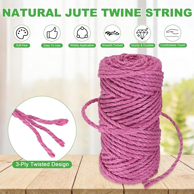 1-Pack Natural Jute Twine String, 4.5mm x 164ft/50m Long Garden Twine String for Crafts/Gift Wrapping/Gardening Plants, Durable Plant Ties Thick Rope [Rose Red]