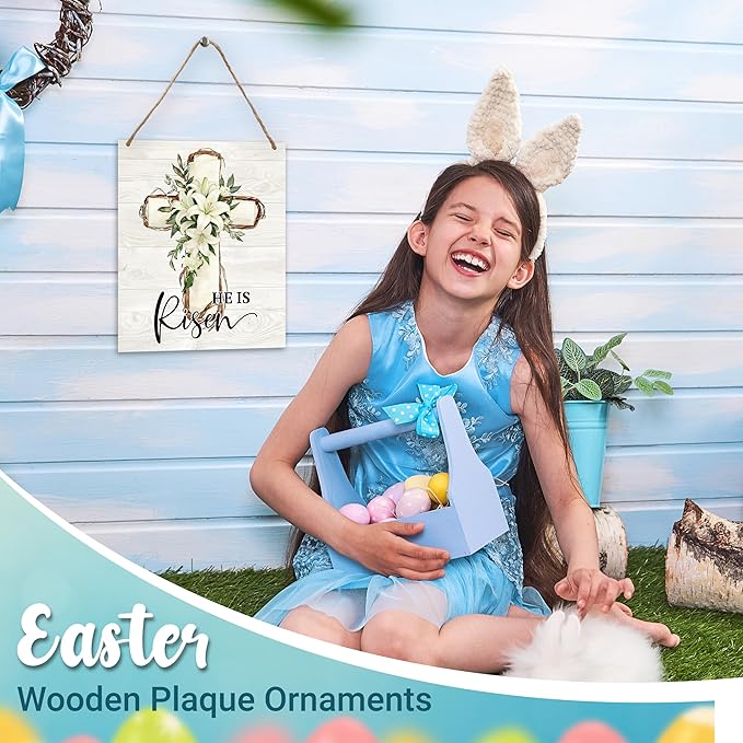 Easter Welcome Sign for Front Door, He is Risen Easter Door Sign Decor, Religious Cross Rectangle Wood Sign Hanger for Outdoor Farmhouse Garden Porch Home - C01