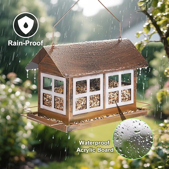 Bird Feeders, Heavy Duty Metal Bird Feeder for Outdoors Hanging, Weatherproof Large Capacity Wild Birdfeeder for Outside Garden Yard, Country House Shape (Horizontal)