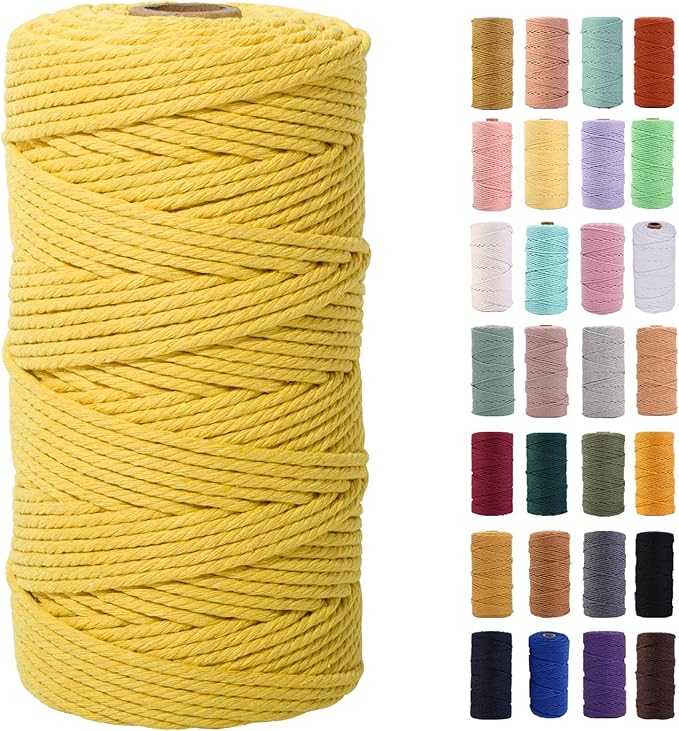 MAOQIAN Yellow Macrame Cord 3mm x 109Yards,Colored Cotton Rope Colorful Cotton Cord Soft Craft Cord Twine for Wall Hanging Plant Hangers Crafts Decorative Projects