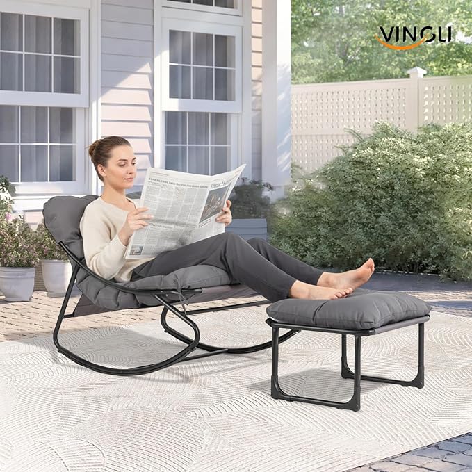 VINGLI Outdoor Rocking Chair with Ottoman, Comfortable Cushioned Lounge Chair for Indoor & Outdoor, Supports 400 LBS, Grey