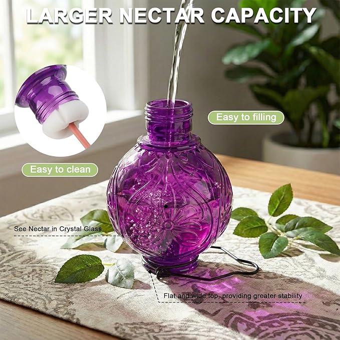 Glass Hummingbird Feeder for Outdoors Hanging, 25Oz Humming Bird Nectar Feeders with Perch & 5 Flower Feeding Ports, Leak Proof for Outside Garden Decor, Gifts for Women (Purple)
