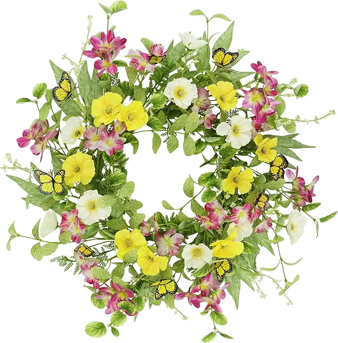 YNYLCHMX 18" Spring Summer Wreaths for Front Door, Artificial Wreath with Yellow Daisies Green Eucalyptus Leaves Butterflies, Green Foliage Wreath for Wall Window Farmhouse Party Holiday Home Decor