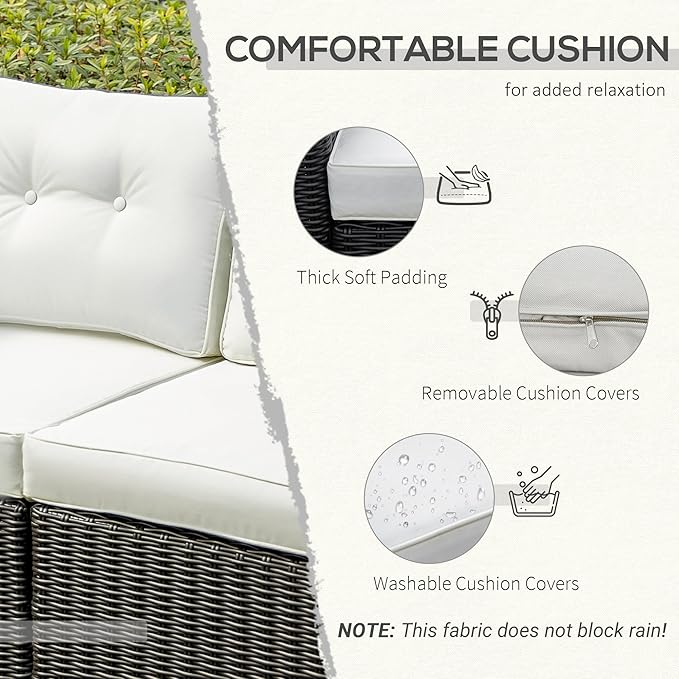 Outsunny 2 Piece Patio Wicker Corner Sofa Set, Outdoor PE Rattan Furniture, with Curved Armrests and Padded Cushions for Balcony, Garden, or Lawn, Beige