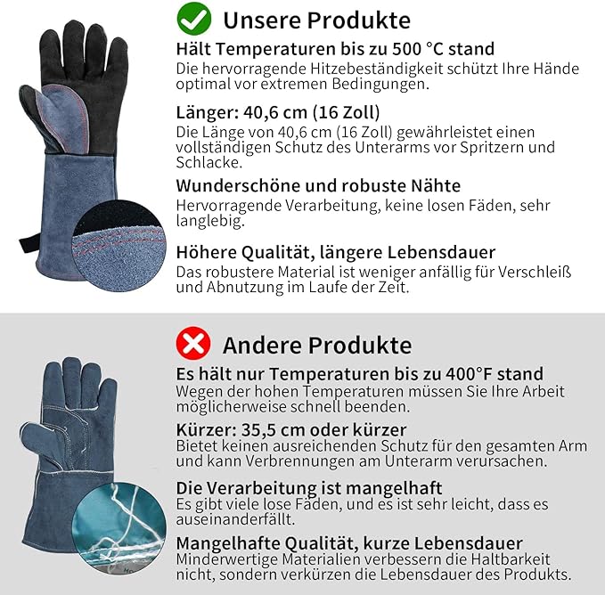 H HZXVOGEN Welding Gloves Fireplace Gloves Fire Heat Resistant 932℉ Fireproof Leather Mitts for Stove BBQ Grill Oven MIG TIG