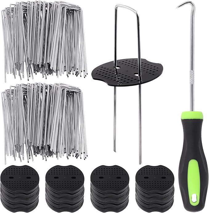 Glarks 201Pcs Garden Stakes Staples Kit, 100Pcs 6 Inch U-Shaped Landscape Staples, 100Pcs Fixing Gasket with 1Pc Pick Hook for Weed Barrier Fabric, Ground Cover, Holding Fence and Artificial Turf