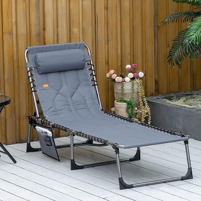 Outsunny Padded Folding Chaise Lounge Chair, Outdoor 6-Level Reclining Camping Tanning Chair with Headrest for Beach, Yard, Patio, Pool, Gray
