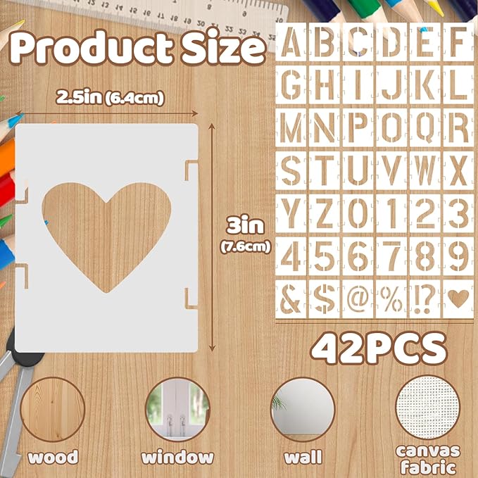 2.5 Inch Alphabet Letter Numbers Stencils, 42 PCS Plastic Letter Number Symbol Interlocking Drawing Template Kit for Painting on Wood Wall Fabric Rock Signage, Door Porch, DIY Art Projects