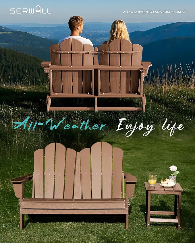 SERWALL Folding Adirondack Bench, HDPE All-Weather Adirondack Loveseat Set of 2, Brown