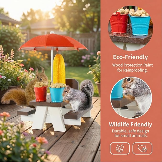 Large Squirrel Feeder, Squirrel Feeder for Outside, Large Squirrel Picnic Table Feeder with Umbrella and Corn Cobs for Squirrels, Cute Chipmunk Feeder for Your Family Member…