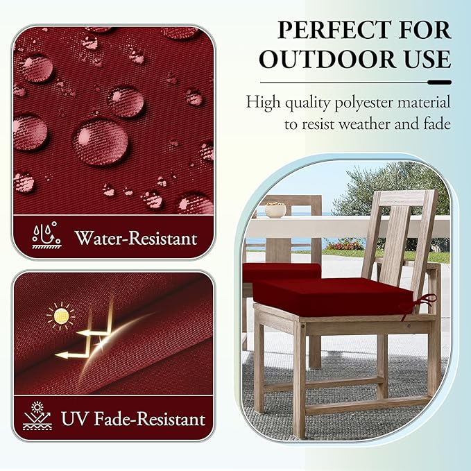 Wellsin Outdoor Chair Cushions for Patio Furniture - Outdoor Cushions for Chairs - Water Resistant Patio Chair Cushions Set of 4, 18.5"X16"X3", Burgundy