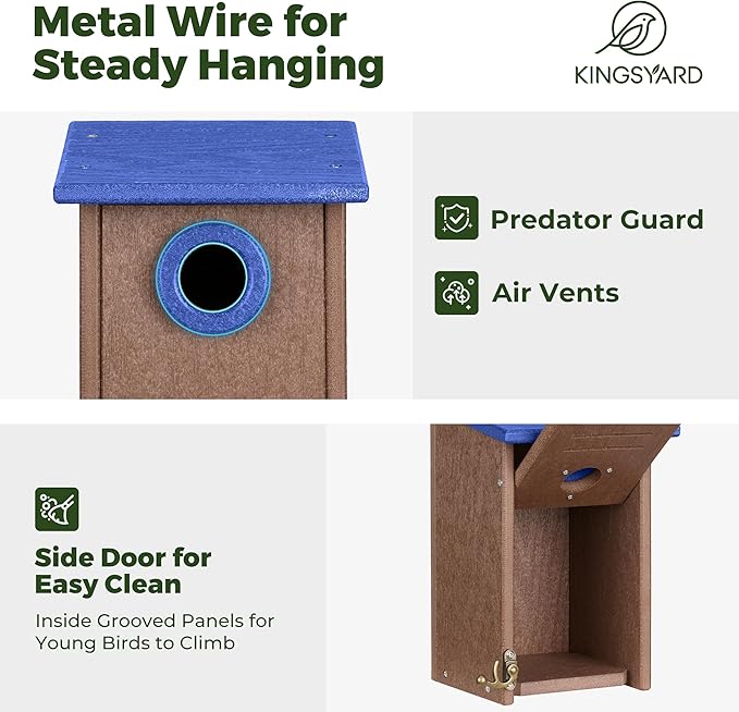 Kingsyard Recycled Plastic Bird House for Outdoors - Weatherproof Wren Bird Nesting with Predator Guard & Air Vents, Blue