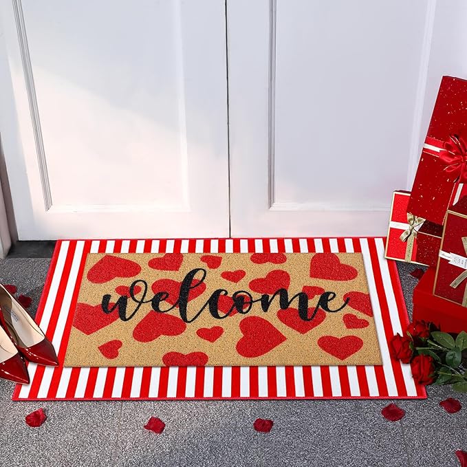 Tinideya 2 Pcs Valentines Welcome Door Mat Heart Outdoor Welcome Mats for Front Door Non Slip Heart Coir Floor Mat Red White Stripe Valentines Rug for Outside Front Porch Entryway Decor