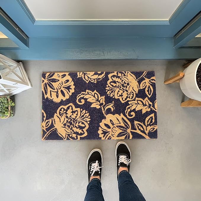 Coir Door Mat, Entryway Floor Mats with Non-Slip PVC Backing, Indoor Outdoor Mat for Front Door Decor, Door Mat, Welcome Mats with Floral Print, Navy Blue, 30"x17"