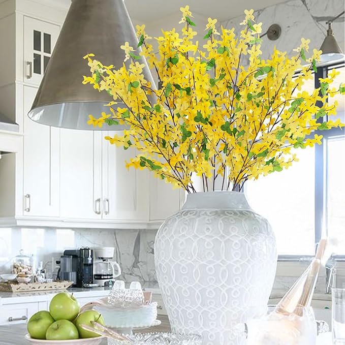 12Pcs Artificial Forsythia Branches: 23.6" Silk Yellow Flowers Faux Forsythia Branches Fake Spring Flowers Artificial for Decoration Wedding Office Home Party Dining Table Vase Indoor Outdoor