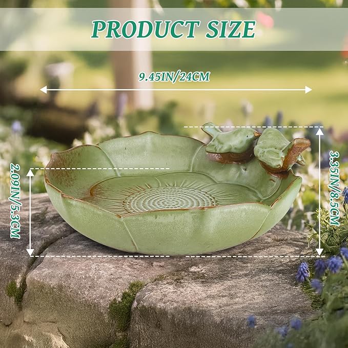 Ceramic Bird Bath Bowl for Outdoors, 9.45-Inch Ground & Tabletop Garden Decor, Weather-Resistant Birdbath for Deck, Balcony, Lawn - Easy Clean Bowl Only - Sage Color
