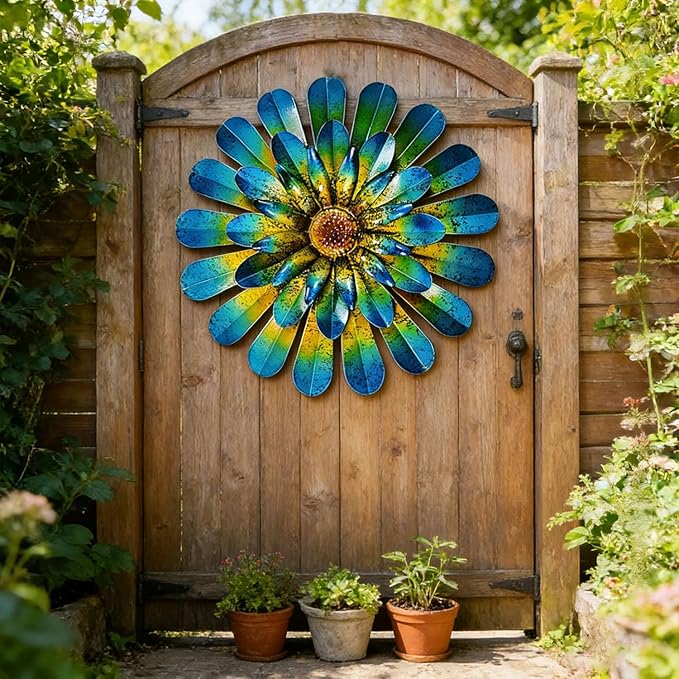 HOOEN 2pack Metal Flowers Wall Decor Wall Art Decorations Hanging For Indoor Outdoor Home Garden Farmhouse Yard Patio Fence Living Room Bedroom Decor