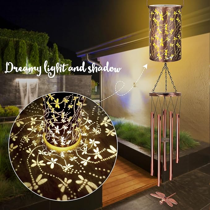 YHmall Solar Wind Chimes for Outside, Dragonfly Gifts for Women Mom Grandma Solar Lantern Windchimes Outdoors, Memorial Wind Chimes for Patio Yard Garden Christmas Decor