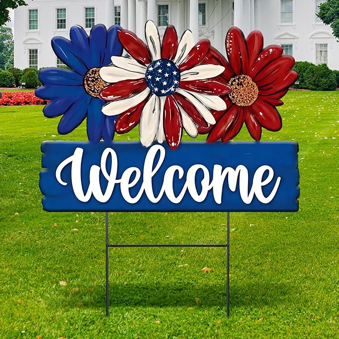 Amyhill 1 Pcs Patriotic 4th of July Outdoor Decor Daisy Metal Garden Stakes Memorial Day Welcome Yard Signs Decorations Garden Stakes for 250th Anniversary Patio Lawn Walkway Outside