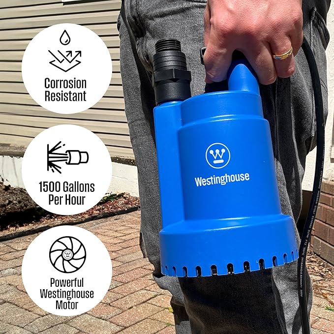 Westinghouse Sump Pump 1/4 HP 25 GPM Submersible Water Pump Thermoplastic Portable Utility Pump High Flow Water Removal for Swimming Pool Garden Pond Basement Window Wells with 10ft Long Power Cord