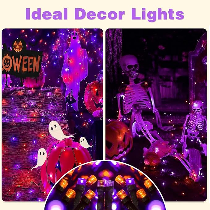 4-Pack Solar String Lights,156Ft Extra-Long 400 LED Waterproof Solar Halloween Lights, 8 Modes for Garden, Patio, Wedding (Purple & Orange)