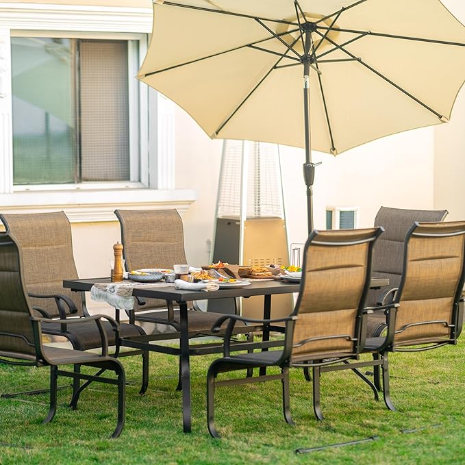 NUU GARDEN 7 Piece Outdoor Dining Set, 6 All Weather Padded Textilene Patio Chairs and 61" Rectangular Dining Table with 1.57" Umbrella Hole, for Patio, Garden, Brown and Black