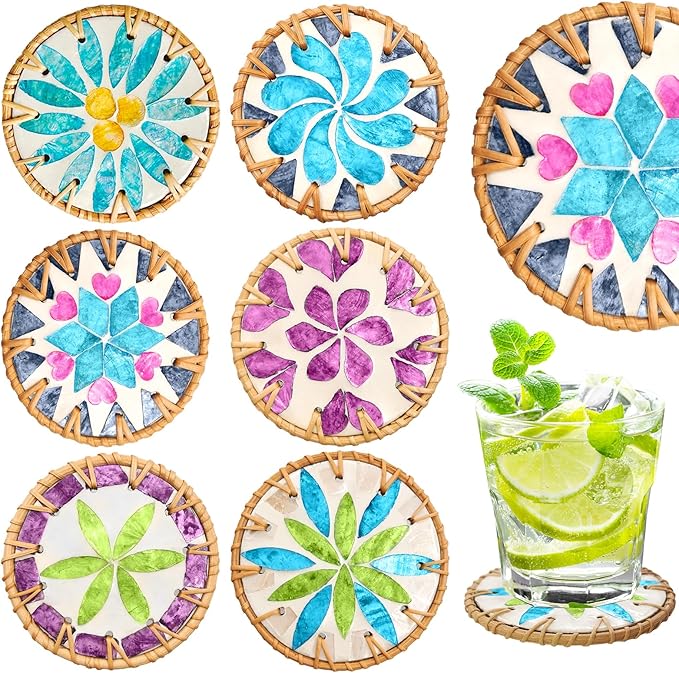 SNAIL GARDEN Drink Coasters Set of 6 - Colorful Shell Cup Mats, Handmade Woven for Kinds of Cups, Wooden Table Protection, Housewarming Gifts