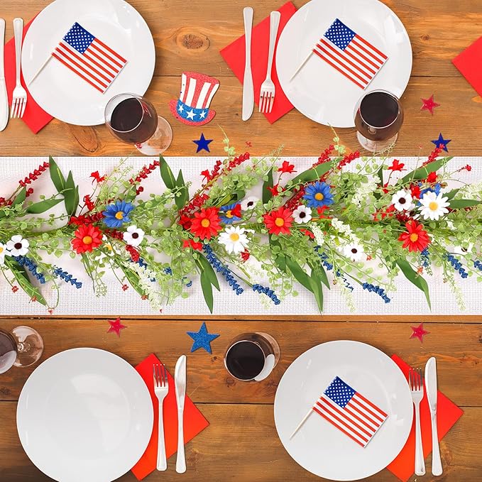 6.56 Ft 4th of July Flower Garland Wreath Patriotic Red Blue White Daisy Vine Garland Artificial Wild Floral Garland for Independence Day Arch Porch Stair Table Indoor Door Home All Year