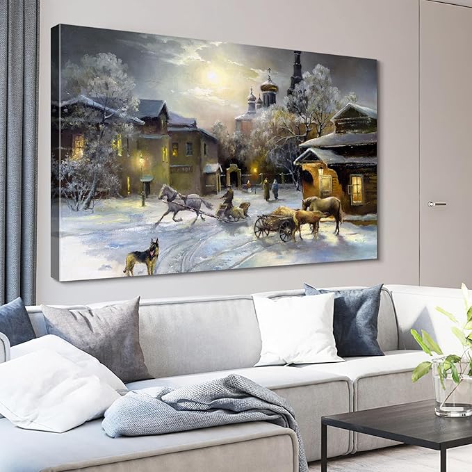 STUDIO HAVEN Thomas Kinkade Canvas Wall Art, Winter Village Moonlit Scene Horse-Drawn Sleigh and Dog Oil Painting Poster Rustic Wall Decor, Framed Prints for Home Decor, 40x28Inch