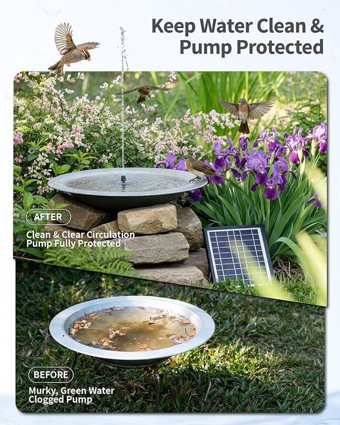 POPOSOAP 6.5W Solar Fountain Pump with Filter Box Built-in Battery Backup, Solar Water Fountain with Nozzles & Tubing for Bird Bath, Small Ponds, Fish Tanks & Water Gardens P3065D