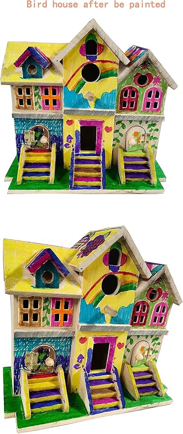 Lyfreen Paulownia Wood Bird House with Pole, Outdoor Hanging Birdhouse for Bluebirds, Wrens, Hummingbirds, Finches - Wooden Garden Bird House