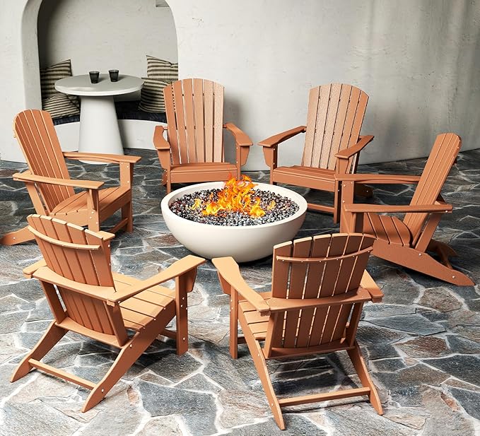 BRIOPAWS Adirondack-Chairs-Set of 6 | Fire Pit Chair | Oversized | HDPE Plastic | Weather Resistant | for Deck Outdoor Poolside Campfire | Teak