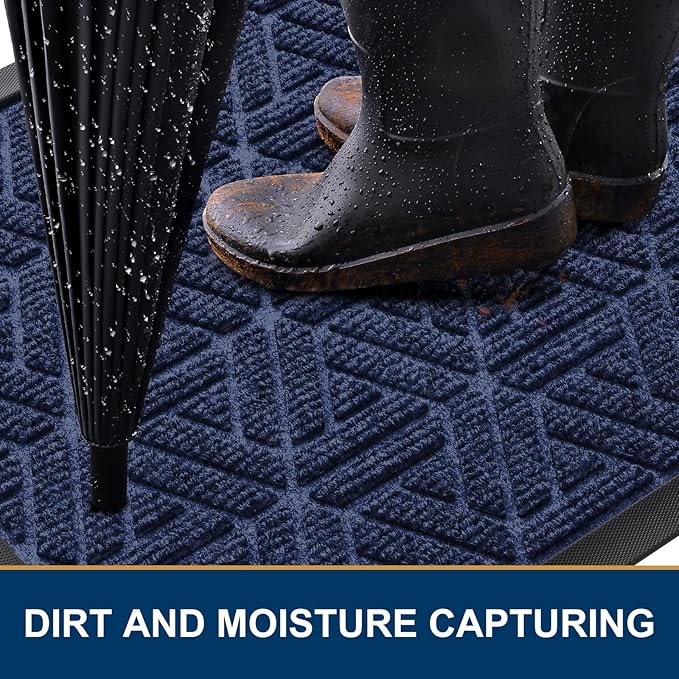 Smiry Front Door Mat Outside Entrance, Heavy Duty Sturdy Natural Rubber Doormat, Trap Dirt and Moisture, Easy Clean Low Profile Mats for Indoor Outdoor Entry, Grid Geometric (71x47, Navy Blue)