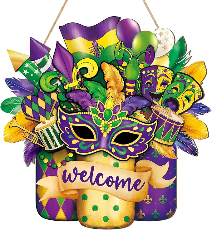 Wooden Mardi Gras Wreath for Front Door Sign Mason Jar Carnival Welcome Door Decoration, New Orleans Hanging Crafts for Wall Home Farmhouse Outdoor Indoor Holiday Party Decor Masquerade Hanger