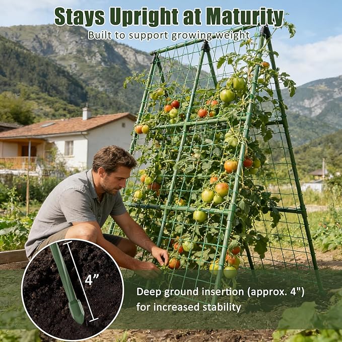 Miory Cucumber Trellis for Raised Beds, 2 Pack 32 x 48 Inch Metal A-Frame Garden Trellis, Connectable to 63 Inch Length, Climbing Plant Support with Netting for Cucumber Tomato Bean Pea
