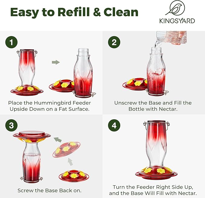 Kingsyard Glass Hummingbird Feeders for Outdoors Hanging, 6 Feeding Ports, 16 Ounces Bird Nectar Feeder, Rustproof Leakproof, Easy to Refill & Clean, Garden Backyard Decor, Ant Moat Included, Red