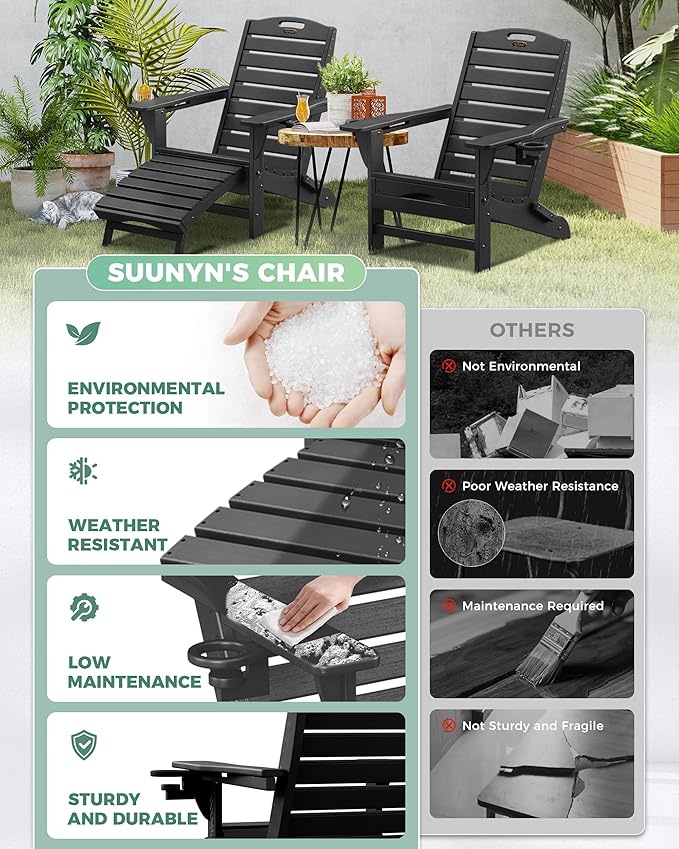 Folding Adirondack Chairs Set of 6,Adirondack Chair with Retractable Ottoman,Plastic Adirondack Chairs with 2 Cup Holder,Weather Resistant Patio Chair,Outdoor Chairs Set of 6(Black)