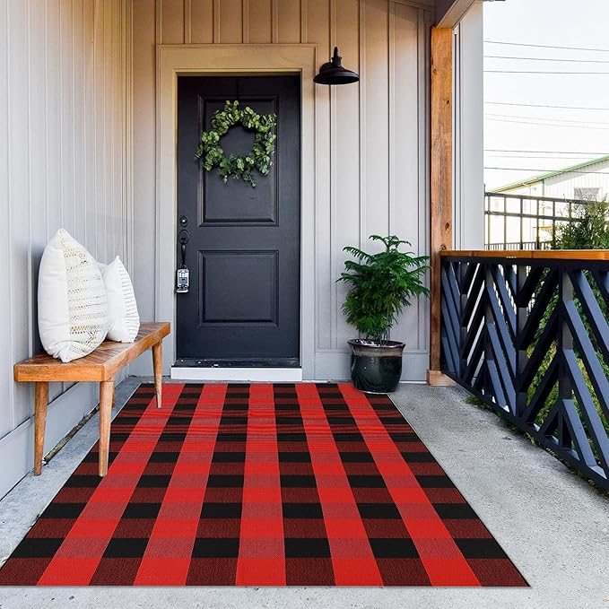 MUBIN Cotton Buffalo Plaid Rug, 4'x6' Black and Red Outdoor Rug Front Door Decorative Mat, Hand-Woven Foldable Rug for Layered Door Mats Washable Carpet for Front Porch, Entryway, Farmhouse