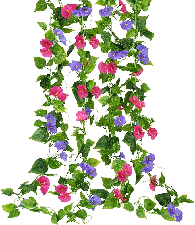 GTIDEA 4Pcs Fake Vines 30Feet Artificial Hanging Morning Glory Flower Garland Mixed Color Faux Vines for Outdoors for Wall Fence Indoor Wedding Decor
